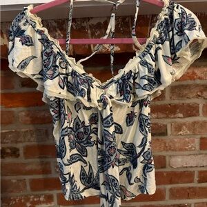 Floral Off-Shoulder Top - Cream and Blue